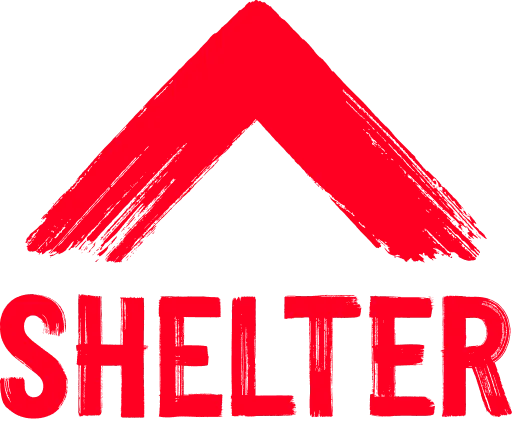 Shelter's new logo, featuring a red brushstroke roof over the name