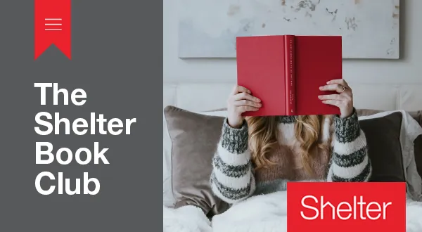 In image of a woman reading a red book, with the words 'The Shelter Book Club'