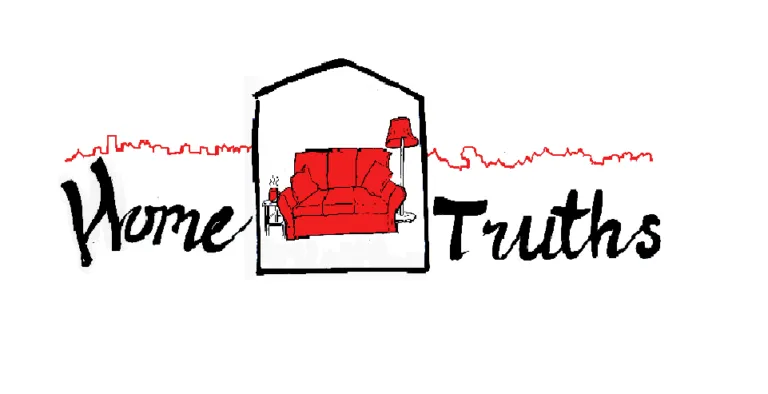 An illustration of a red sofa in between the words 'home' and 'truths'