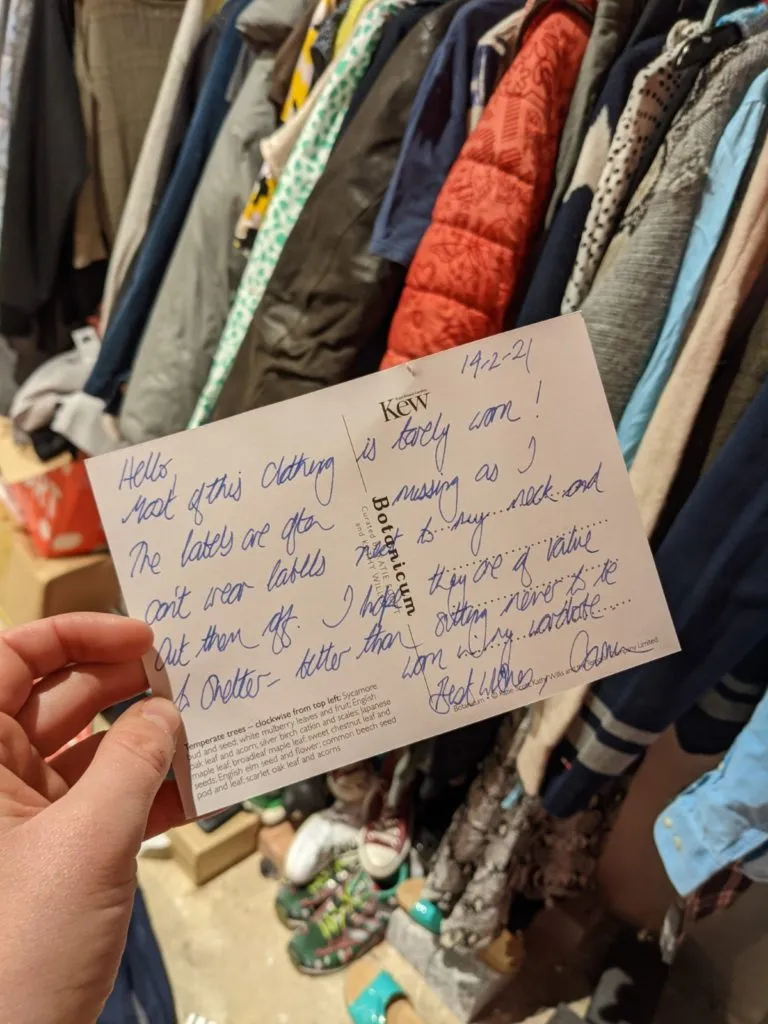 A handwritten note from a parcel we received, which reads &#x27;Most of this clothing is barely worn... I hope they are of value to Shelter. Better than sitting never to be worn in my wardrobe.&#x27;