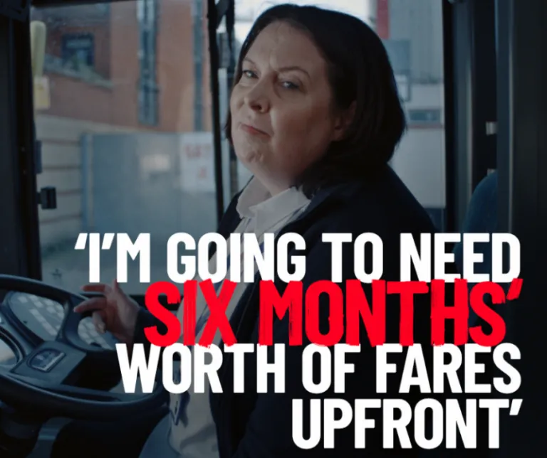 A bus driver with overlaid text 'I'm going to need six months' worth of fares upfront'