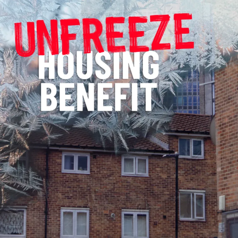 Snowflake images overlaying a house, with the text Unfreeze housing benefit
