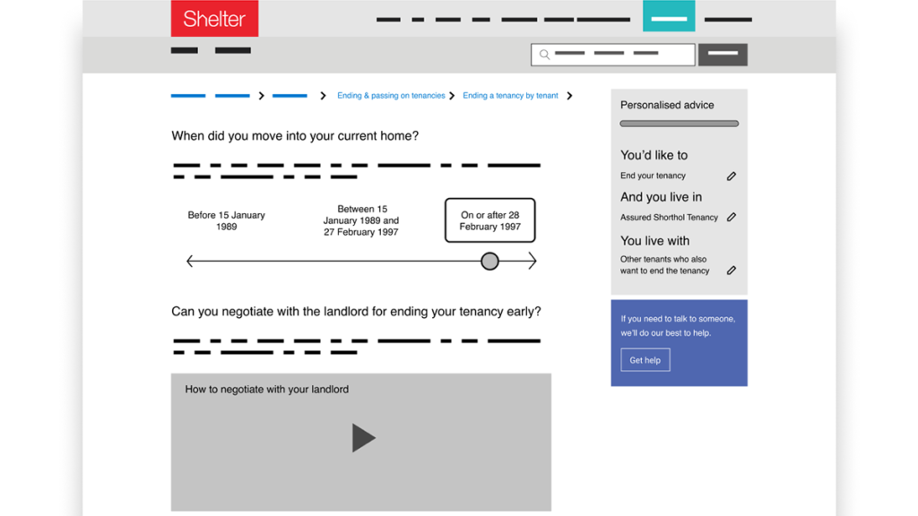 Low-fideelity wireframe of one Personalised Advice concept our team is testing with users