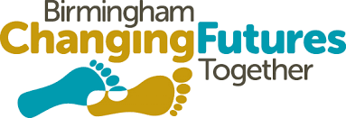 A logo for Birmingham Changing Futures Together, which shows the words and some feet