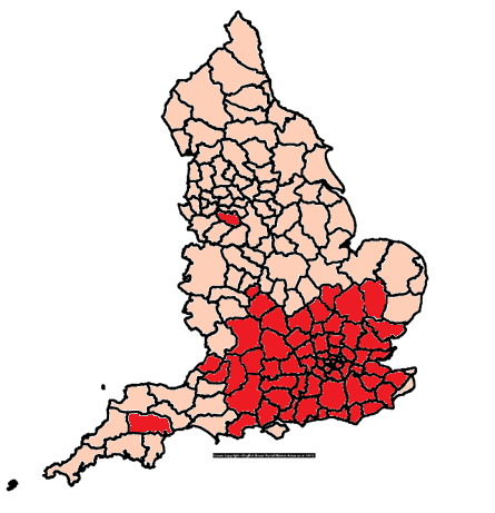 Map of England, showing that the south and south east of England would be more impacted by the benefit cap