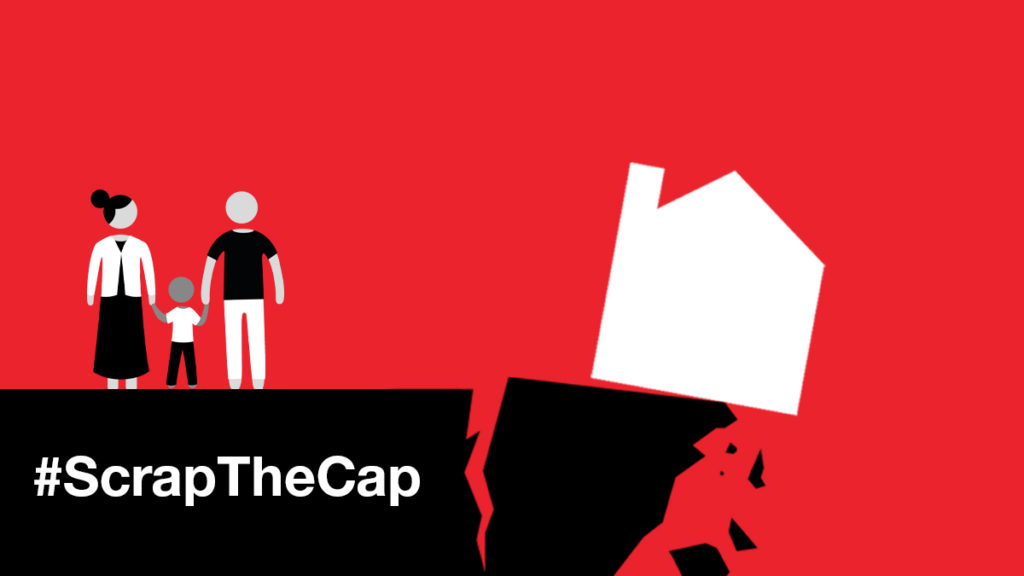 Animation - A family who's home is falling off a cliff edge with the message #ScrapTheCap