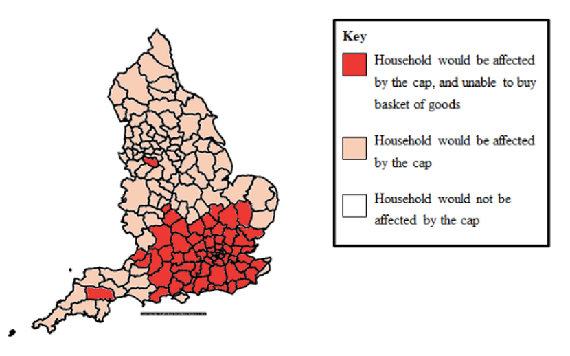 A map of the England displaying the number of households affected by the removing the Universal Credit uplift.