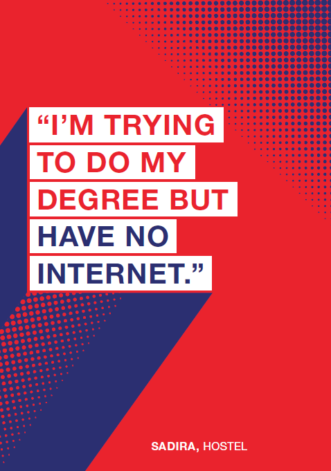 Graphic with the quote 'I'm trying to do my degree but have no internet'