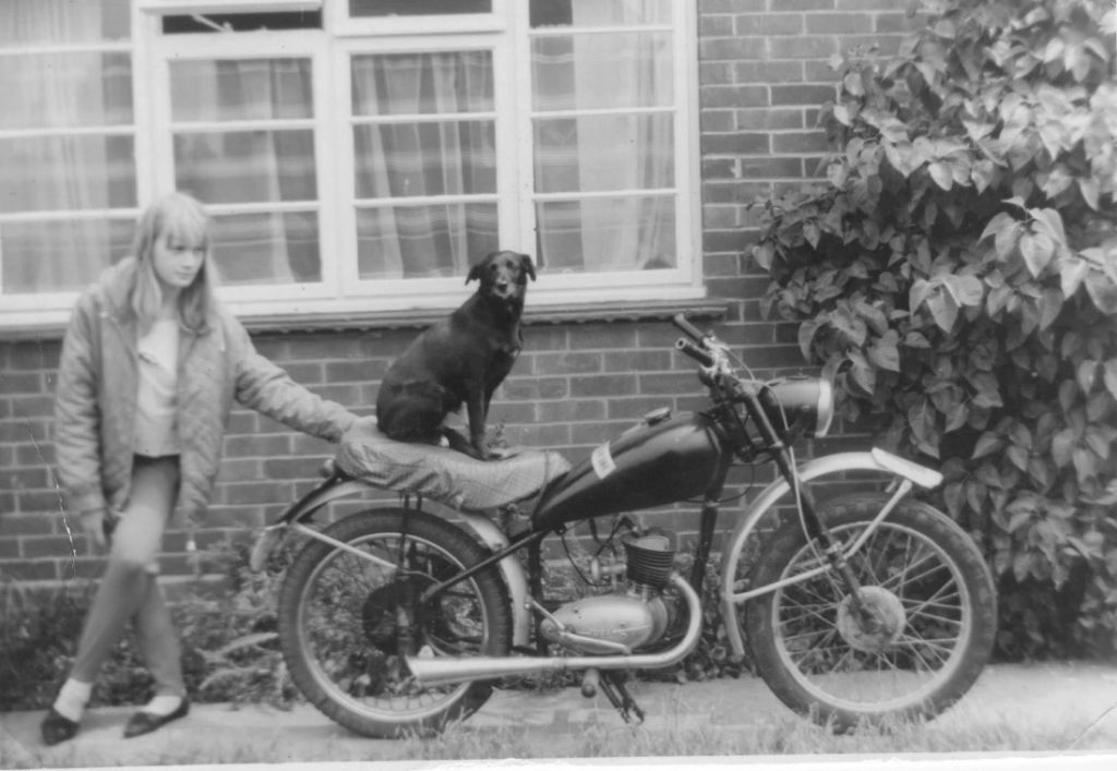A dog on a motorbike with a girl standing alongside