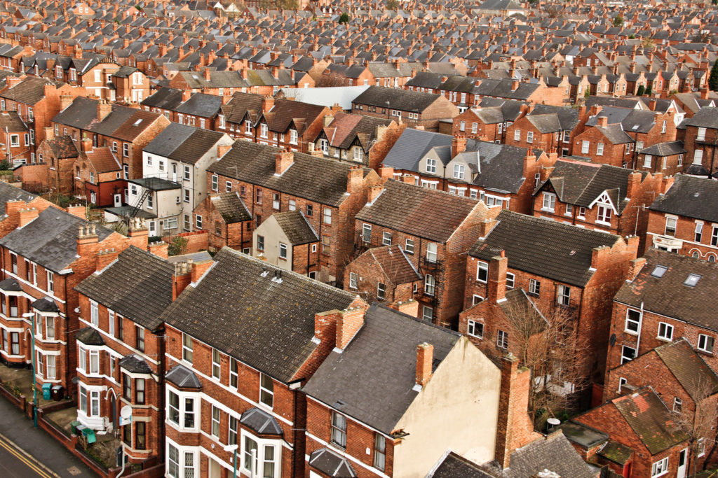 Aerial view of streets of terraced houses