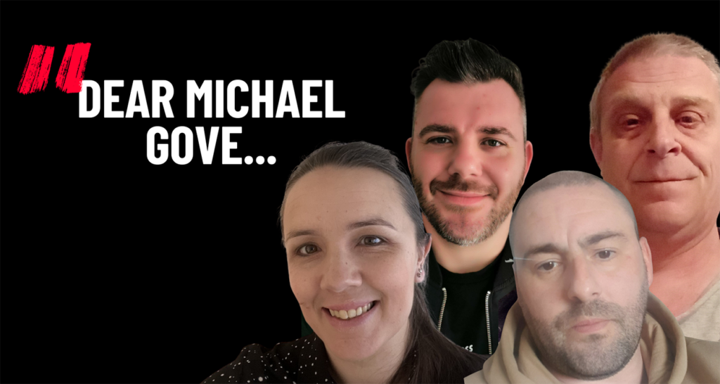 Four people with overlaid text reading 'Dear Michael Gove...'