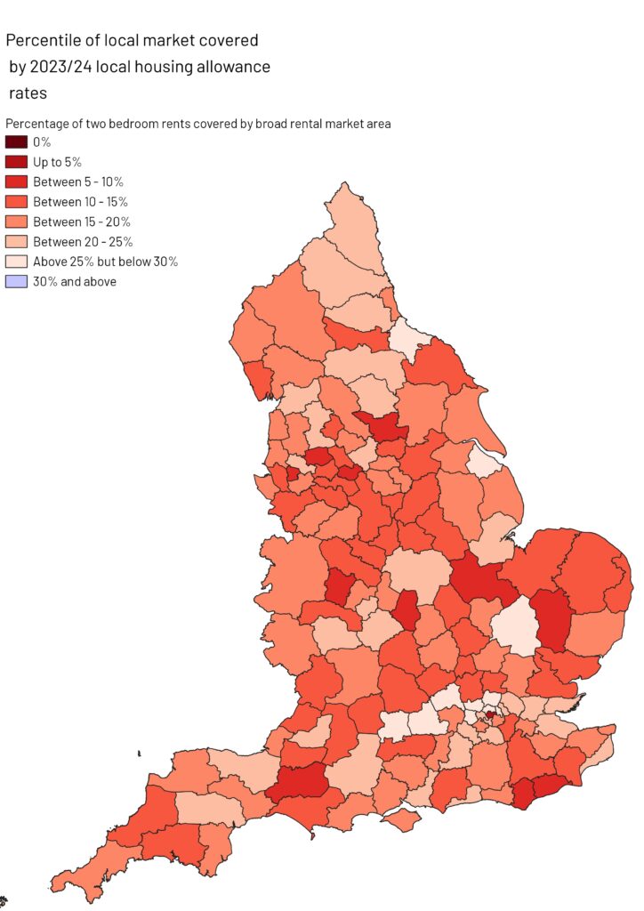 A map of England broken up into county areas coloured in different shades of red to illustrate the percentage of two-bedroom rents covered by the broad rental market area. 